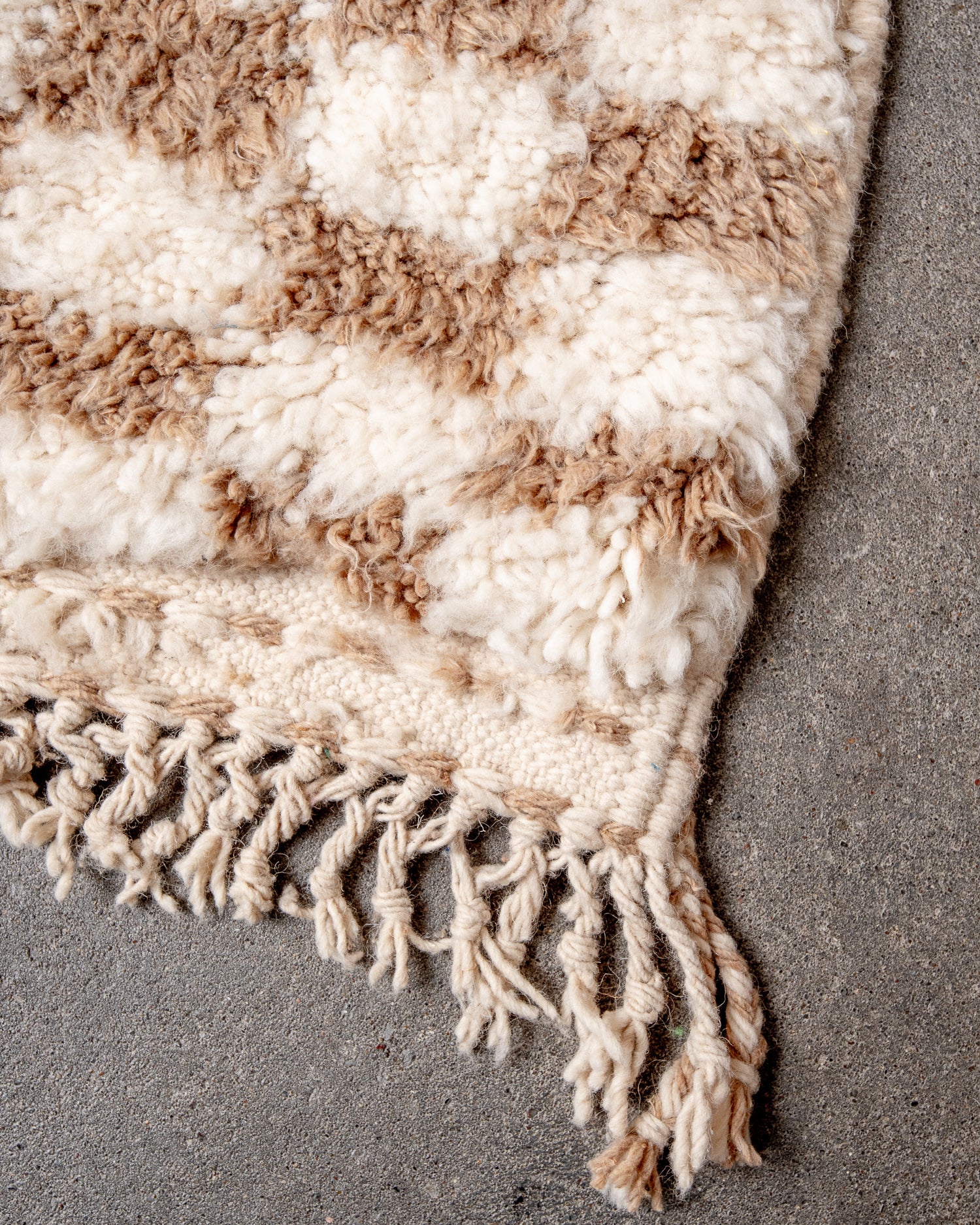 Modern, designer, handcrafted Berber rug from Morocco. Beniourain carpet with beautiful colours and patterns and fluffy wool texture.